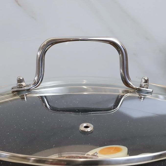 9.5 Inch Clear Glass Pot Lid for Frying Pan Replacement Cover Can Withstand 428°F (220℃) with Stainless Steel Arch Bridge Handle,Polished Silver