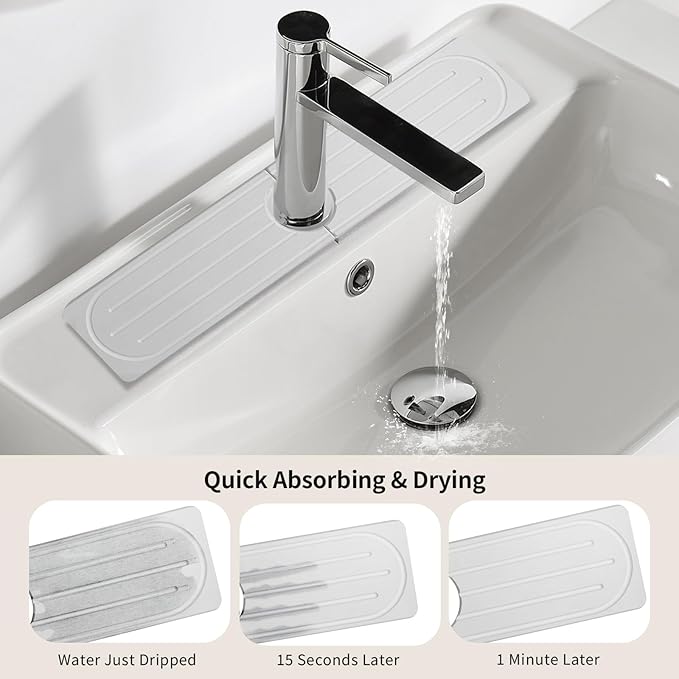 Stone Faucet Mat for Kitchen Sink, Diatomite Fast Drying Absorb Moisture Tray, Prevents Water Buildup, Durable Anti-slip Splash Guard Sink Protector (White, 20“x4”)