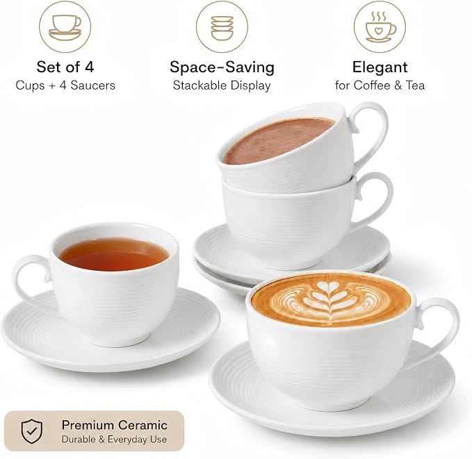 4pcs White Coffee Cups with Saucers, 12oz Ceramic Cappuccino Cups, Microwave & Dishwasher Safe, for Home, Cafe