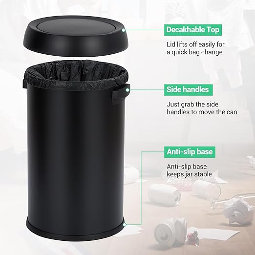 Garvee 17 gal/65 L Trash Can, Fingerprint-Proof Stainless Steel Swing Top Garbage Can, Heavy Duty Commercial Round Trash Bin with Swing Lid for Restaurant, Home, Office, Black