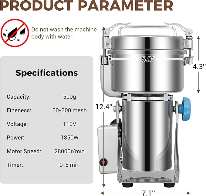 LEEVOT Grain Mill Grinder, 750g Commercial Spice Grinder Electric 2000W Stainless Steel Pulverizer Dry Grinder for Grinding Wheat, Oats, Corn, Pepper, and Coffee Beans – Grinder for Kitchen.
