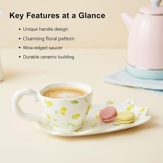 Unique Ceramic Tea Cup and Saucer Set, Coffee Mug, Cup and Saucer Set, Cute Fancy Women's Day Girly Afternoon Tea Set, 5.4 oz/160 ml Vintage Style, For Women and Tea Parties, Yellow flowers