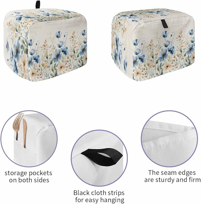 Blue Flowers Rustic Toaster Cover 2 Slice, Spring Vintage Botanical Dustproof Bakeware Oven Protector with Top Hook, Floral Beige Waterproof Small Kitchen Appliance Toasters Dust Cover, 12"x7.5"x8"