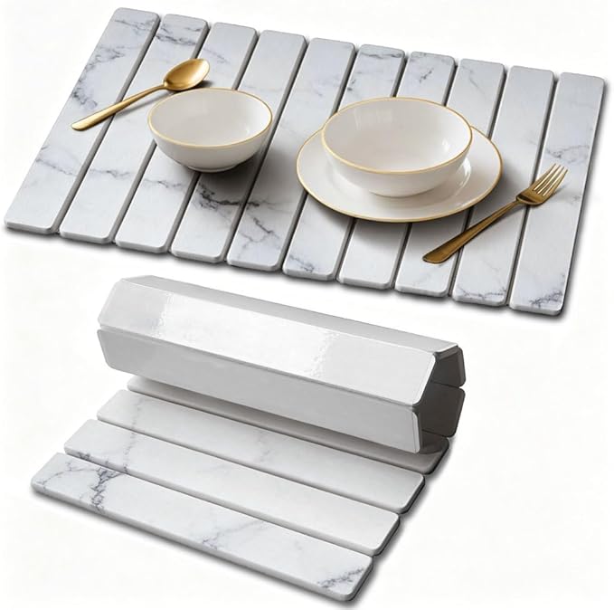 Stone Drying Mat for Kitchen Counter, Quick Diatomaceous Earth Mats for Dishes, 23.6"L x 15.7" W Super Absorbent Fast-Drying Collapsible Countertop Stone Mat (Marble White, 24" x 16")
