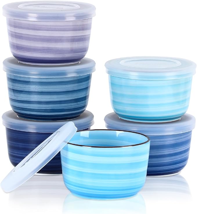 Selamica Ceramic Ramekins with Lids, 10 OZ Creme Brulee Ramekins with Covers Oven Safe, Custard Cups Small Baking Bowls for Souffle, Pudding, Onion Soup, Dips, Set of 6, Gradient Blue