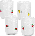 SiliFine 4 Pack Fruit Icon Juice Glasses Set - 14 oz Cherry, Watermelon, Strawberry, Lemon Stemless Glass Cup for Coffee Wine Cocktail Drinking - Summer Birthday Holiday Party Supplies & Ideal Gift