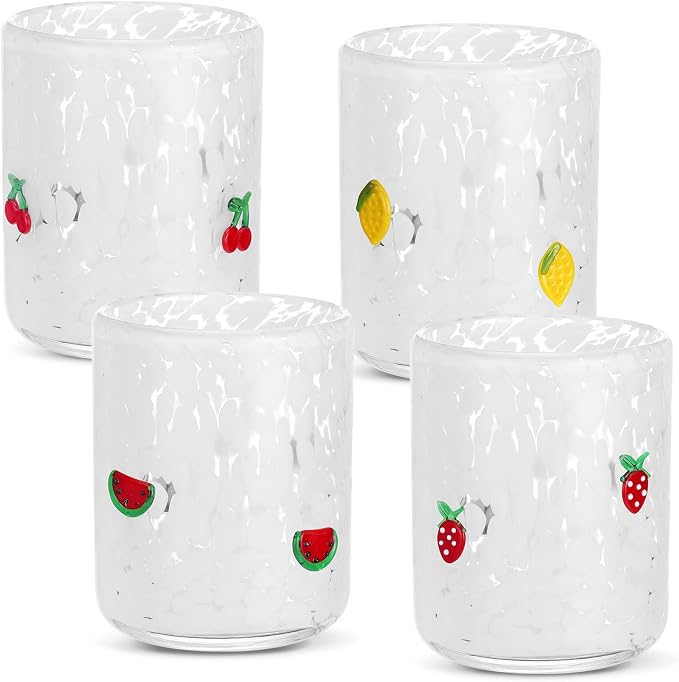 SiliFine 4 Pack Fruit Icon Juice Glasses Set - 14 oz Cherry, Watermelon, Strawberry, Lemon Stemless Glass Cup for Coffee Wine Cocktail Drinking - Summer Birthday Holiday Party Supplies & Ideal Gift