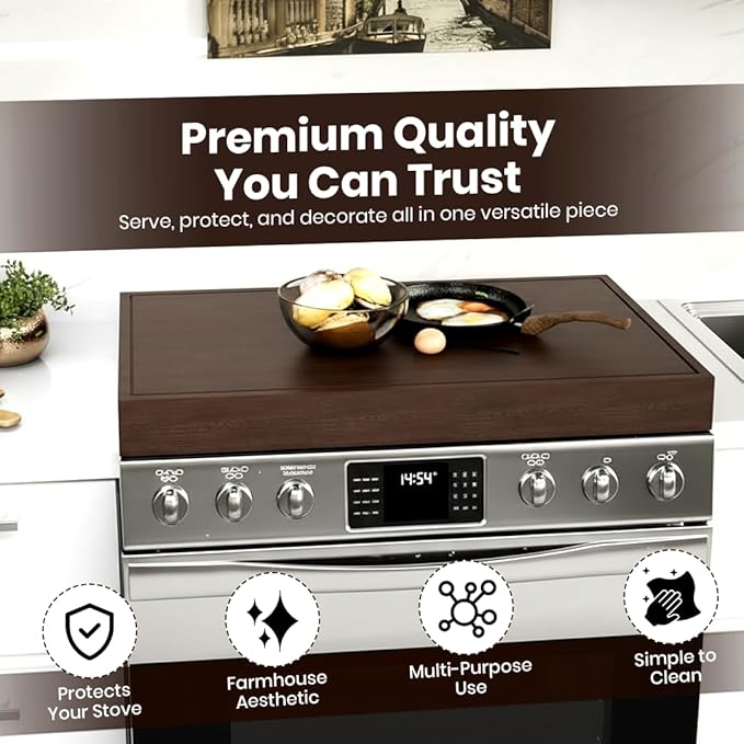 Wood Stove Top Cover Noodle Board for Gas Stove | Wooden Stovetop Cover Cutting Board | Butcher Block Stove Cover with Handles for Electric and Gas Burners | Kitchen Counter Space Saver
