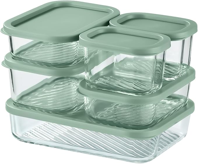 EATEX Grooved Base Glass Meal Prep Containers, 6 Pack Glass Storage Containers with Lids for Meal Prep & Lunch, Microwave Oven Freezer Dishwasher Safe, Anti Moisture Non-Stick Design - Sage Green