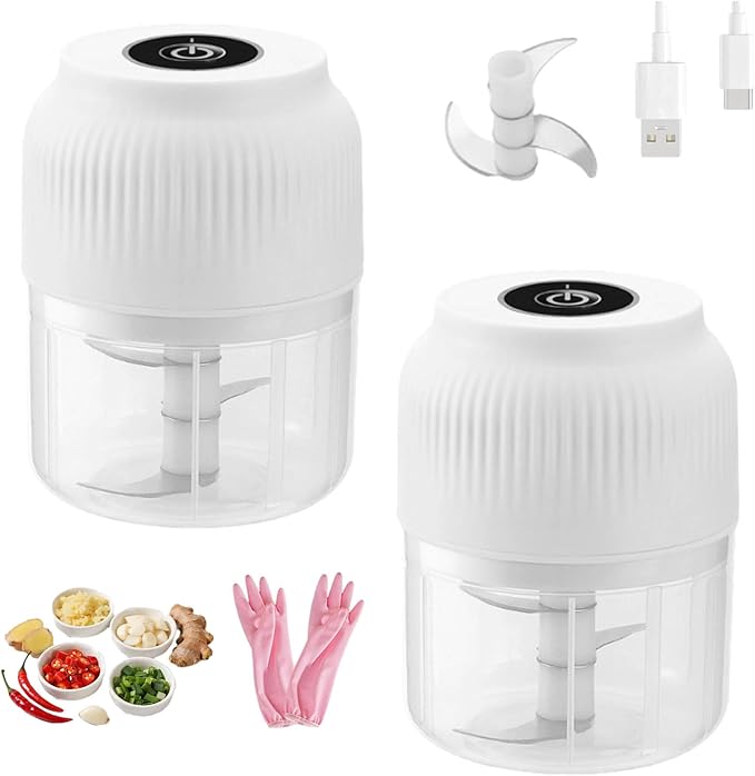 Household Electric Garlic Crusher, Electric Garlic Chopper, Usb Rechargeable Chopper With Stainless Steel Blades, One-Touch Mini Kitchen Helper, Easy To Clean, For Vegetables (White*2, 3 blades)