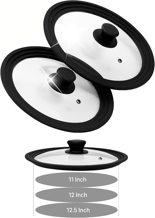Bezrat Universal Lids for Pots, Pans and Skillets - 2-Pack Heat-Resistant Covers Tempered Glass with Silicone Rim - Fits 11”, 12”, 12.5” Cookware - For Cooking, Dishwasher Safe