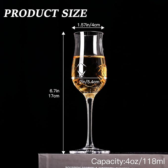 Engraved Crystal Snifter Glasses for Whiskey, Brandy & Cognac – Set of 4 Small 4oz Tulip Copitas – Elegant Cut Glass Tasting Glasses for Neat Liquor & Spirits