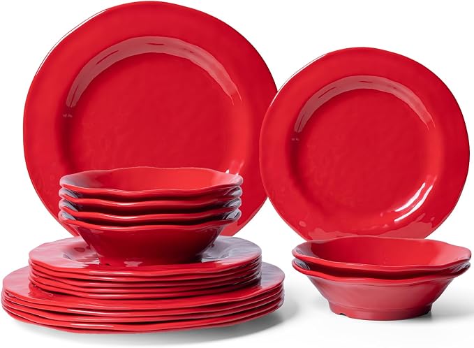 LEHAHA Red Melamine Dinnerware Sets, 18-Piece Melamine Dishes Set, Lightweight and Chip Resistant, Durable Plates and Bowls Set, Safe for Daily Use, Dishwasher Safe, Service for 6