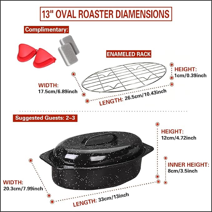 13 Inch Enamel Roasting Pan with Lid & Rack, Oven & Dishwasher Safe Turkey Roaster, 932°F Heat Resistant, Includes Silicone Handles & Cleaning Sponges