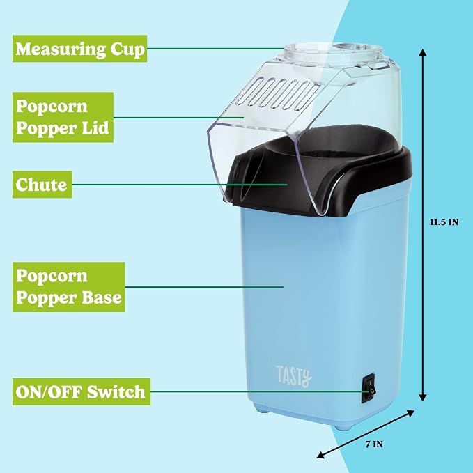 Tasty Hot Air Popcorn Popper, Healthy and Delicious Popcorn in Minutes, Fast and Easy-to-Use, Built-In Measuring Cup and Butter Warmer, 8 Cups, Blue