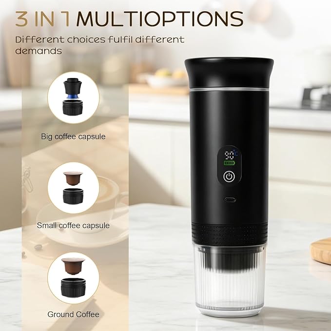 Portable Coffee Maker, 3-in-1 Espresso Machine for Travel 20 bar Mini Coffee Maker Compatible with Ground Coffee & Capsule for Car, RV, Hiking, Camping, Office, Travel Espresso Maker