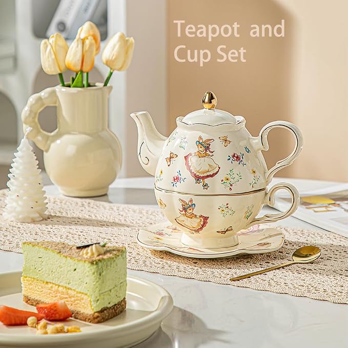 Domini Teapot cup combo,Teapot and Teacup for One,Tea Cup and Saucer Set-Tea Pot Set Gift for Women(Lemon)