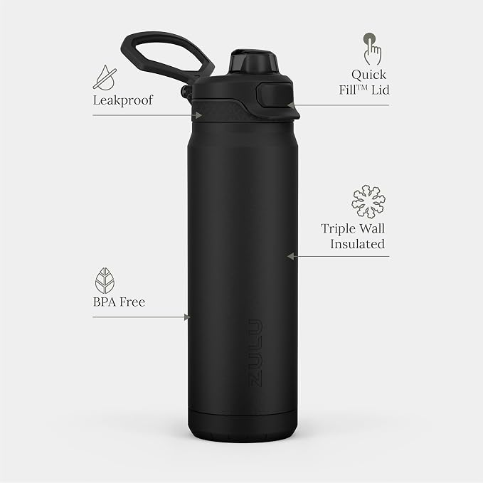 ZULU Powerfill Pro 24oz Stainless Steel Water Bottle with Quick Fill Lid, Triple Walled Vacuum Insulated Metal, Leak Proof Locking Lid, Sip and Chug, Reusable BPA Free, Black