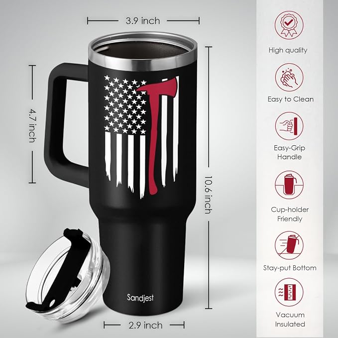 SANDJEST Firefighter Gifts for Men, 40oz Stainless Steel Insulated Coffee Tumbler with Lid & Straw, Travel Mug Cup Gift for Fireman Dad, Christmas Birthday