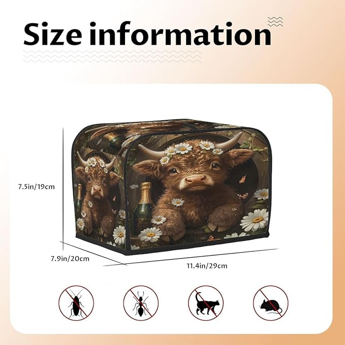 Highland Cow Flower Animal Toaster Cover 2 Slice Dust and Fingerprint Protection Toaster Bread Maker Covers Washable Kitchen Small Appliance Covers for Kitchen Accessories Decor Bakeware Women Gift