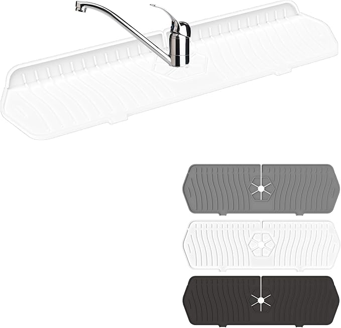 Faucet Guard - 90 Foldable Draining Mat for Kitchen Sink with 2 Drain Ports, White, 17.7"*5.66"