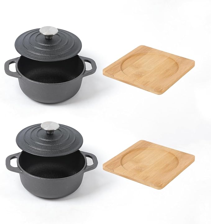 HAWOK Cast Iron Mini Dutch Oven, Dia5.51”, 23oz, with Bamboo Tray, Set of 2, Pre-seasoned