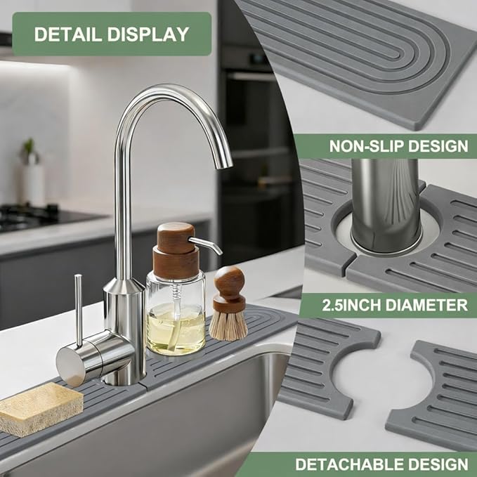 Meiliweser Faucet Mat for Kitchen Sink, Diatomite Quick Drying Stone Mat & Sink Protector, 15.8" x 4" Kitchen Sink Splash Guard, Absorbing Stone Tray for Bathroom Counter (Dark Gray)