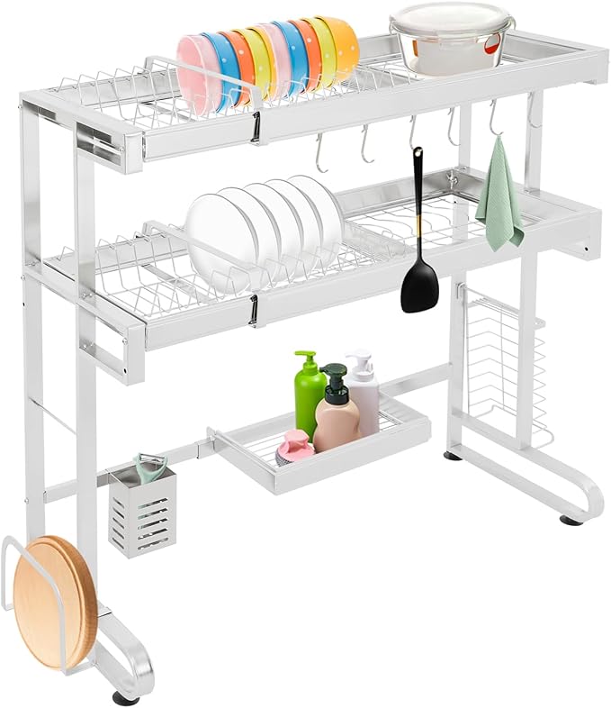 Over The Sink Dish Drying Rack, 3-Tier Drying Drainer Rack Over Sink Stainless Steel Adjustable 45.27'', Large Dish Drainer Drying Rack with Multiple Baskets Utensil Sponge Holder Sink Caddy