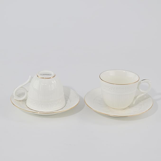 3 Ounce Porcelain Espresso Coffee Cups & Saucers Set, Handcraft Golden Trim, Set of 6