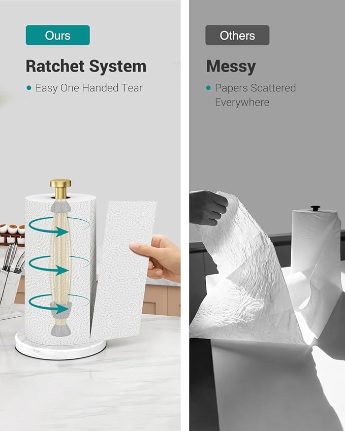 Paper Towel Holder Countertop, Marble Weighted Base, Warm Gold, One-Handed Tear, Freestanding Paper Towel Stand Rack with Ratchet Mechanism for Kitchen Bathroom Essential Decor Accessories