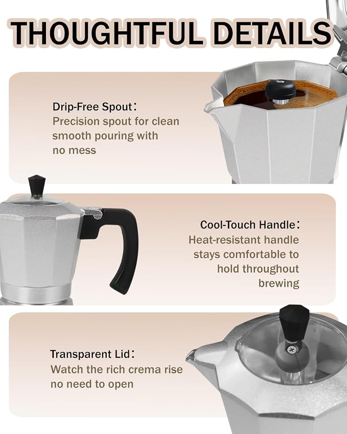 Electric Moka Pot with Detachable Base Aluminum Electric Espresso Maker 10oz 6 Cup 300ml Silver Espresso Coffee Maker Italian Coffee Stovetop Espresso Maker Kitchen Home 110V