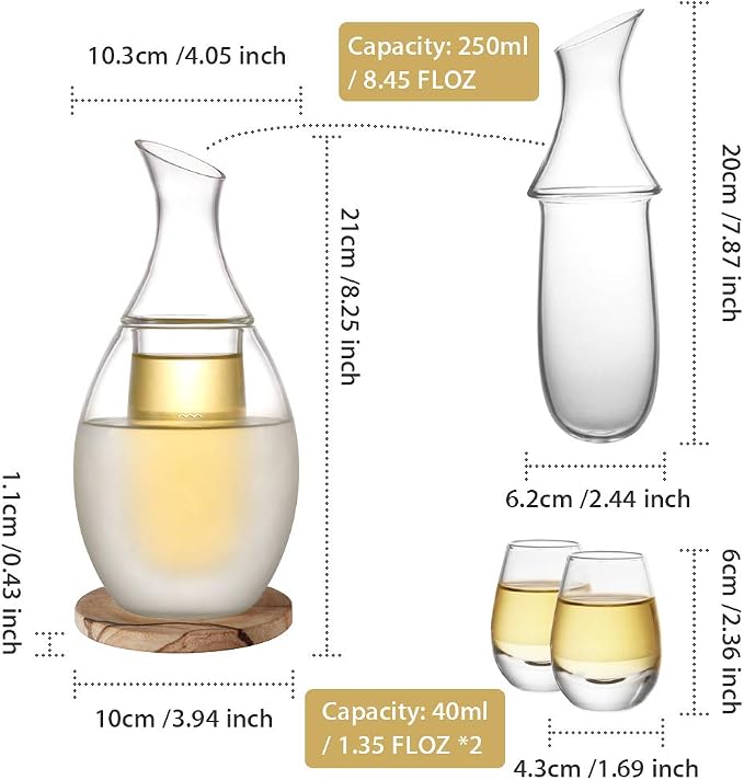 ZENS Sake Set Glasses, 8.5 Ounce Sake Carafe Cups with 6 Saki Cup Set for Warmer or Cold Japanese Wine with Stone Coaster Gift Sets