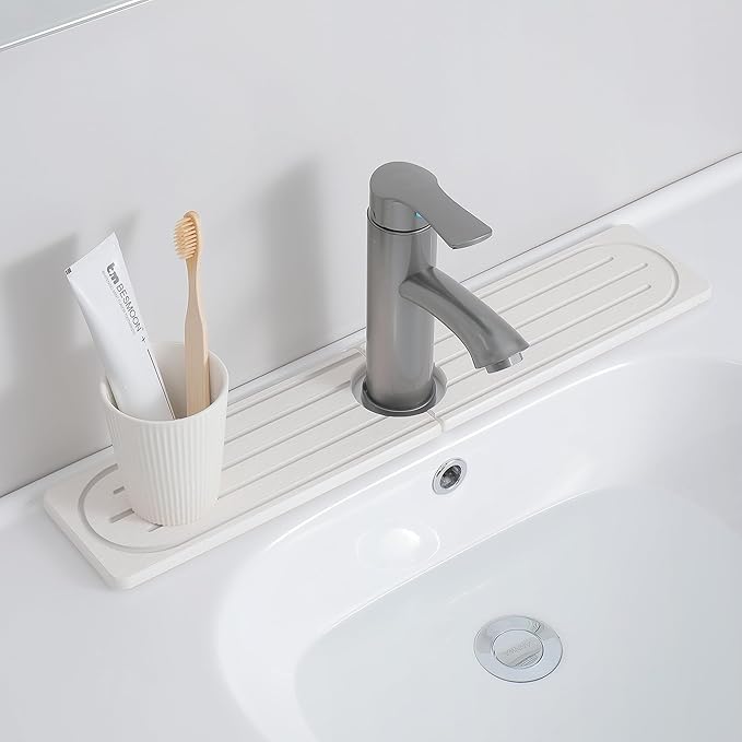 Stone Faucet Mat for Kitchen Sink, Diatomite Fast Drying Absorb Moisture Tray, Prevents Water Buildup, Durable Anti-slip Splash Guard Sink Protector (White, 23.7"x4")
