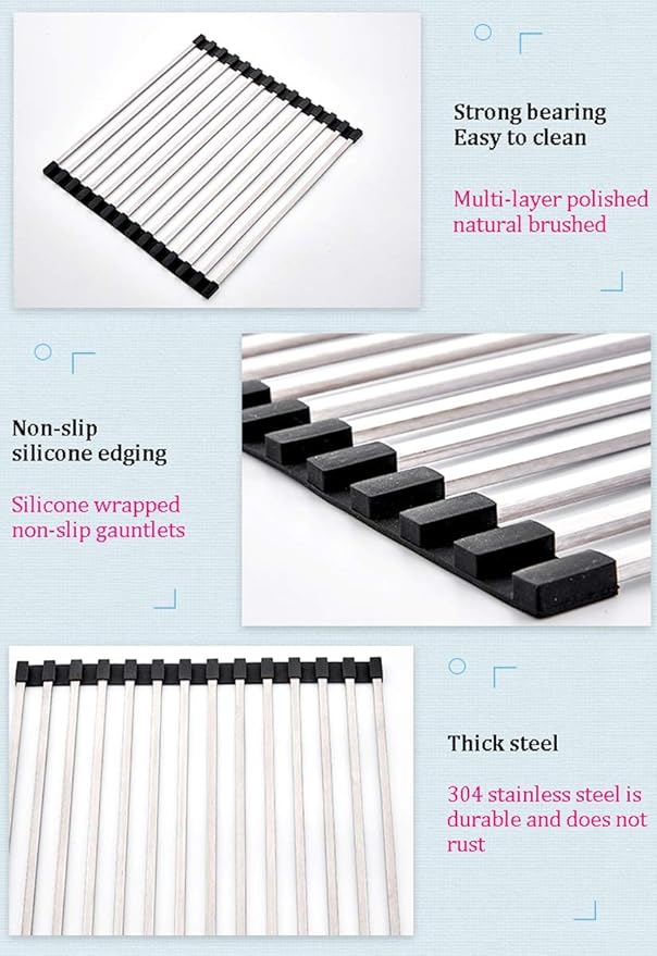 Roll-Up Dish Drying Rack 14 Stainless Steel Tubes Tubes Over The Sink Drying Mat - Multipurpose Dish Drainer Fruits and Vegetable Rinser(Size:45x33cm)(Tobes - 18,60x33cm)