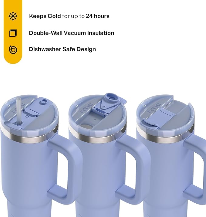 RTIC 30 oz Road Trip Tumbler Double-Walled Ceramic Lined InsulatedStainless Steel Portable Travel Coffee Mug Cup with Lid, Handle and Straw, Periwinkle