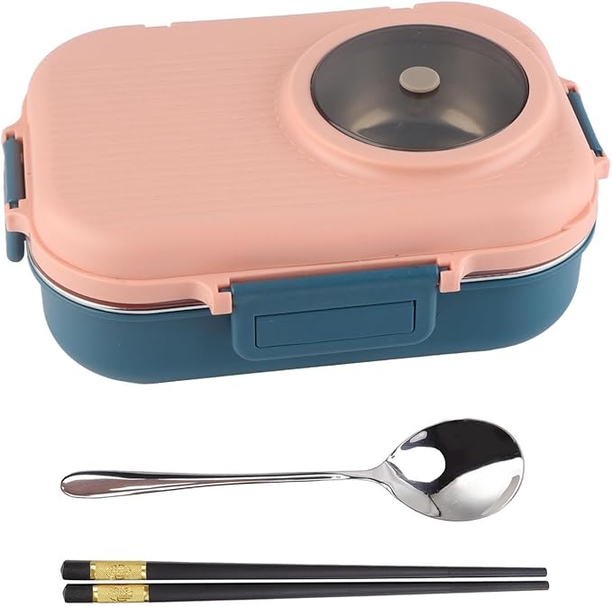 Tbest Thermal Lu Box For Hot Food Thermal Tazon,Lu Box Lu Box Thermal Lu Box 1100Ml Double Layer 3 Grid Design 304 Stainl Steel Box With Chopsticks Spoon Soup Bowl G (Pink)