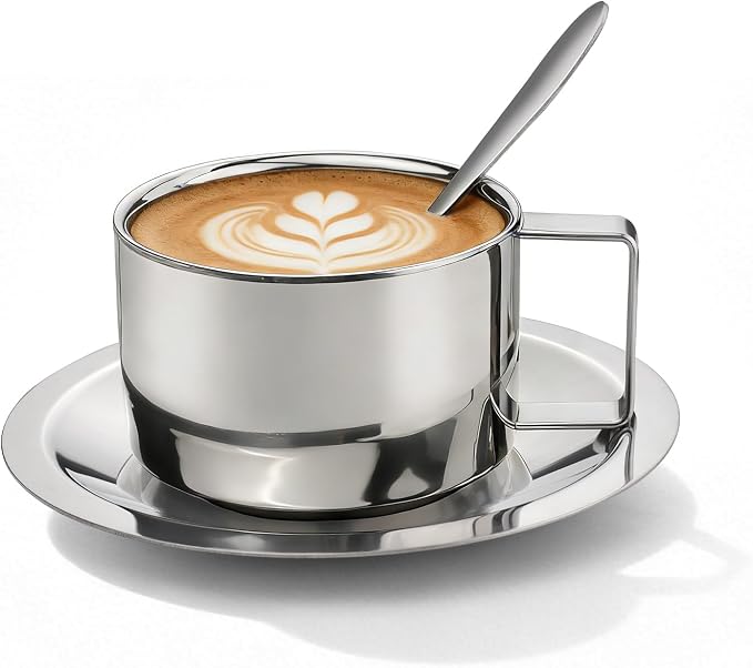 304 Stainless Steel Coffee Cups with Spoon & Saucer, 6.8 Oz Metal Espresso Mugs, Double Walled Insulated Espresso Coffee Cup for Cappuccino Latte Milk Tea Beverages (1 Set，200 ml)