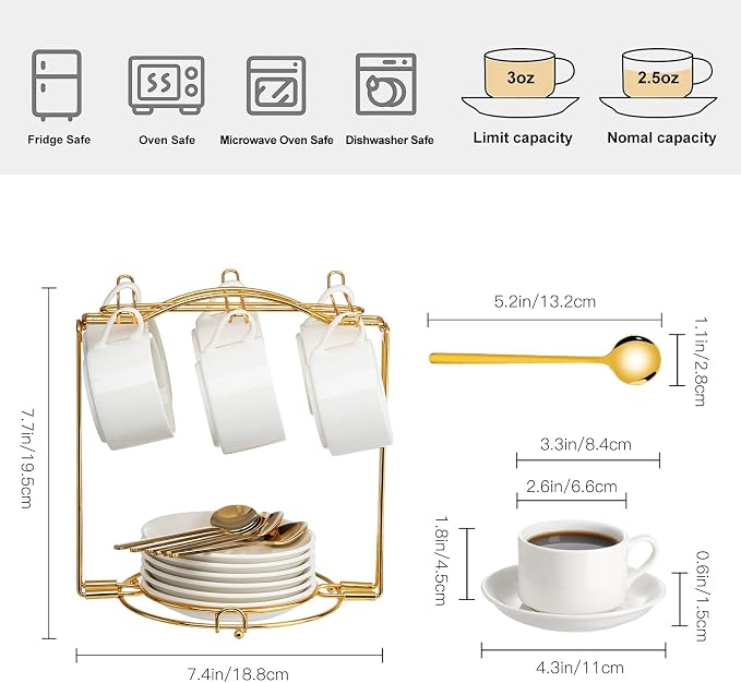 YOLIFE Espresso Cups with Saucers Set and Gold Metal Stand, 2.5oz Expresso Shots Cup with Stand & Saucers, Ceramic Coffee Espresso Cups Set of 6, White