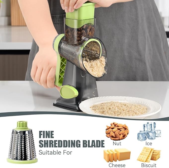 KEOUKE Rotary Cheese Grater Hand Crank Transparent - Shredder Slicer Grinder 3 Stainless Steel Blades, Stable Suction, Labor-Saving Handle, Safe Kitchen Tool for Cheese, Vegetable, Nuts, Chocolate