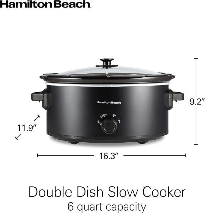Hamilton Beach Double Dish Slow Cooker with 6qt Crock and Dual 2.5qt Nonstick Insert to Cook Two Meals at Once, Serves 7+ People, Dishwasher Safe Pot & Lid, Black (33569)
