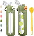 chunmo 24 oz Glass Water Bottles with 2 Lids-Handle Spout Lid & Straw Lid, Motivational Water Bottle with Time Marker and Silicone Sleeve,Leakproof-Army Green-1 Pack
