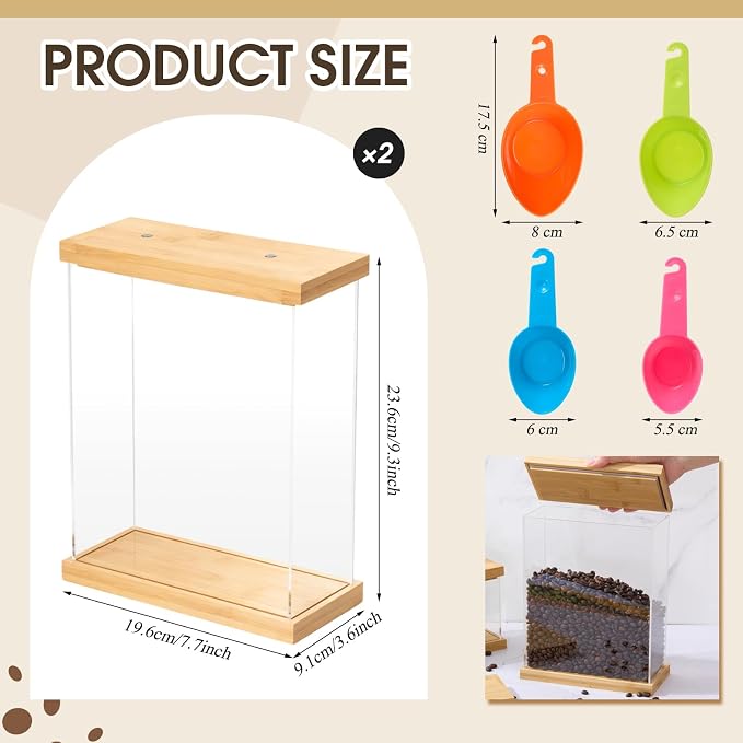 2 Pcs 4L Bamboo Food Dispenser Kitchen Organizers and Storage with Labels Airtight Pantry Organizers and Storage Container with Measuring Cups for Cereal, Rice, Flour, Sugar, Snack