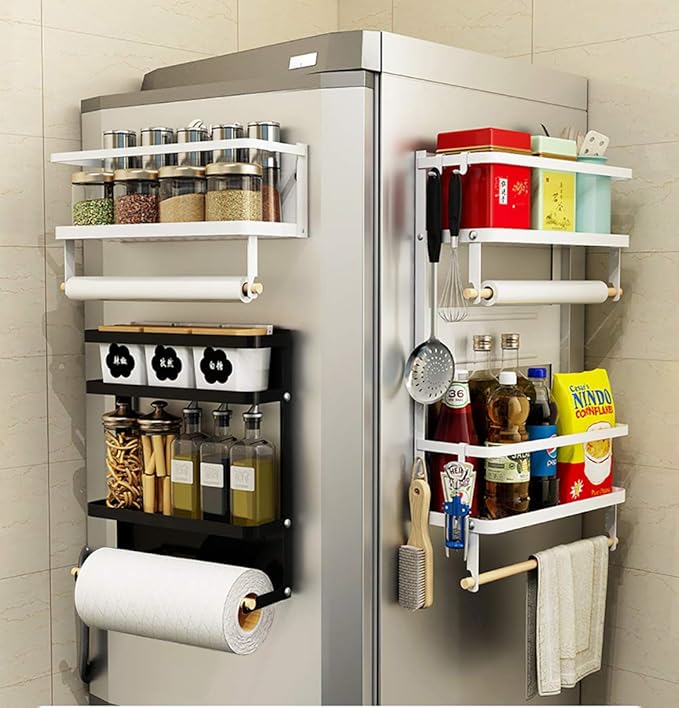 Foldable Refrigerator Organizer 4 Tier Magnetic Fridge Spice Rack Paper Towel Holder Multi-purpose Kitchen Storage Shelf Rustproof Spice Jars Holder, Black