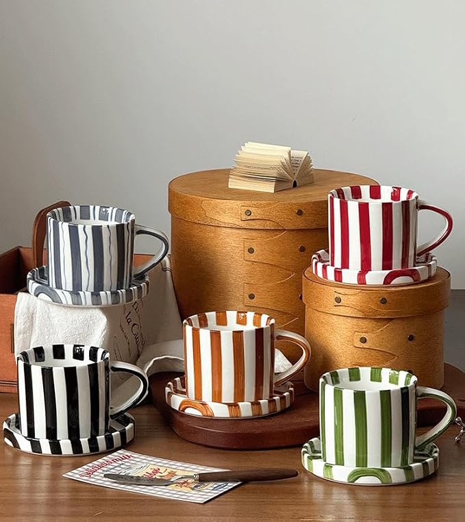 Cup and Saucer Set Hand-Painted Black Stripes, 8 Oz Ceramic Coffee Mug, Espresso Cups, Porcelain Coffee Cup for Cappuccino, Espresso, Coffee, Tea, Cafe Mocha, Latte, Set of Cup Gift for Coffee Lover