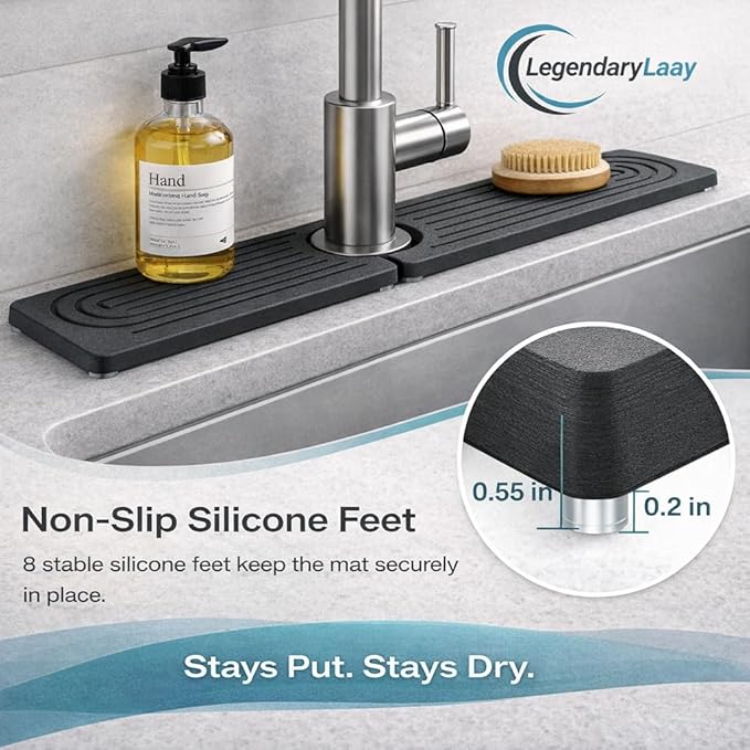 Diatomite Faucet Mat for Kitchen Sink, Fast Dry Stone Sink Splash Guard, Water Absorbing Faucet Tray (20” x 4”) – Fits Standard Faucets, Please Measure Sink & Faucet Before Purchase