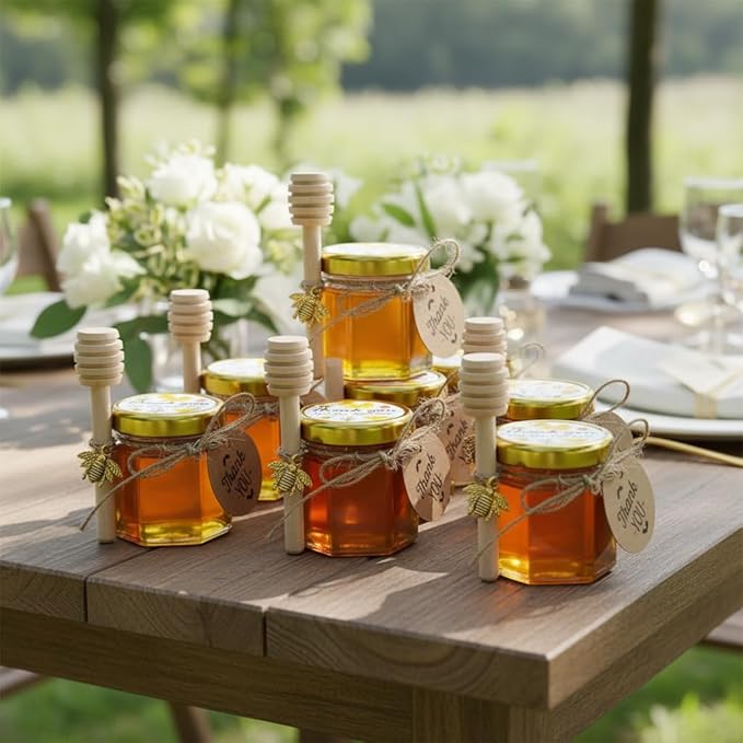 Adabocute Mini Honey Jars with Dipper - Hexagon Honey Pot Set with Gold Lid, Bee Pendants, Jutes, Gold Organza Bags and Stickers - Perfect for Baby Shower Party Favors Wedding Favors, 60 Pack 1.5oz