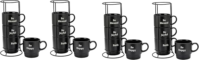 Signature Housewares Be Happy Stackable Stoneware Coffee Mug Set with Metal Rack - 15 Ounce Coffee Mugs for Coffee, Tea, Hot Chocolate, Milk, Set of 4, Matte Black (Pack of 4)
