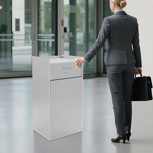 30 Gallon Commercial Trash Can, Wooden Trash Can Cabinet with Tray Holder Garbage Can withTrash Bag for Restaurants, Cafes, Kitchens, and Offices, Durable Garbage Receptacle (Silver)
