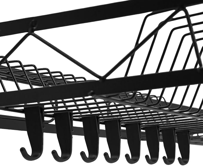 2-Tier Over Sink Dish Drying Rack, Multifunctional Kitchen Rack Extra Large Extendable Dish Rack Carbon Steel Over Sink Dish Rack with 8 Hooks for Kitchen Counter (32in)