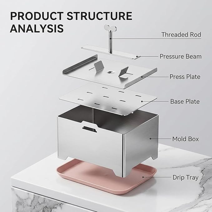 Generic Tofu Press Stainless Steel - 4.72x4.72x3.54 inch 304 Food Grade Tofu Maker with Detachable Base, Paneer Press Stainless Steel for Homemade Cheese, Prensa para Queso with Drip Tray & Cloth